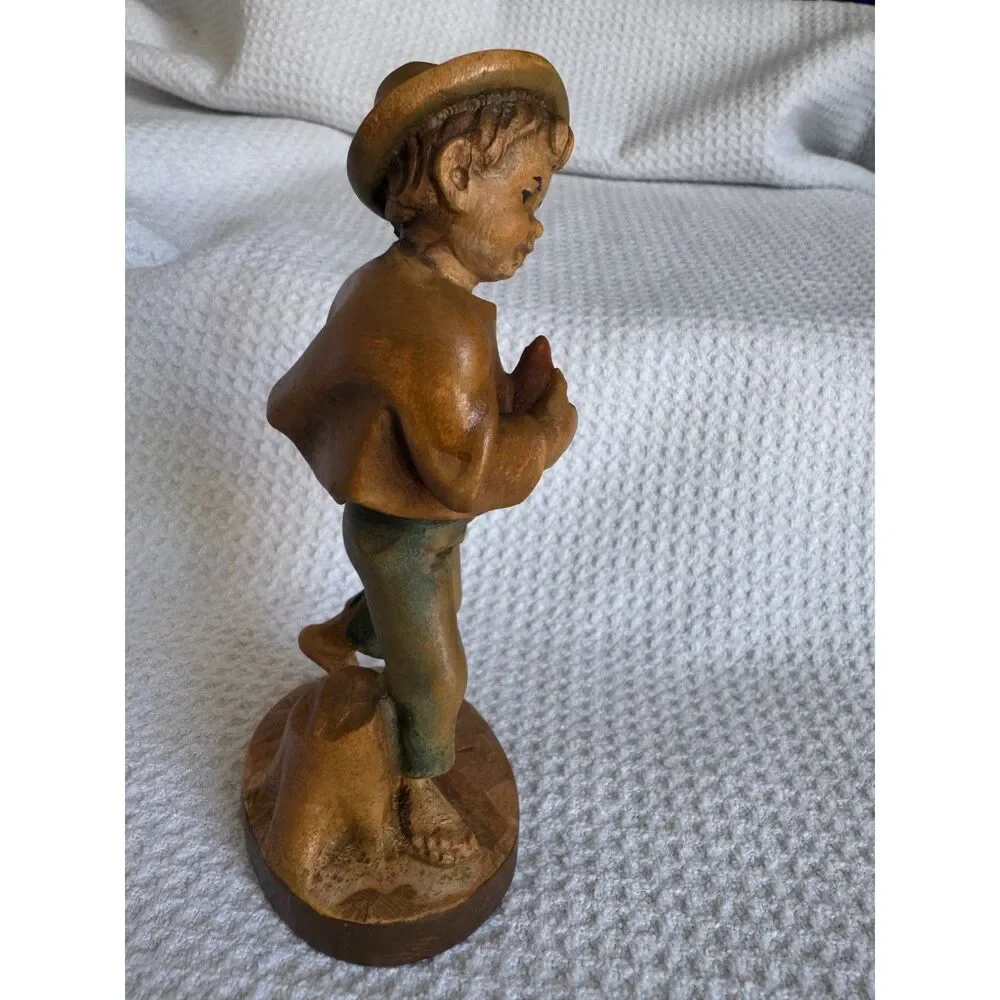 A Senoner Tinderla Hand Carved Wood Boy Figurine Grapes Pear Ortisei Italy